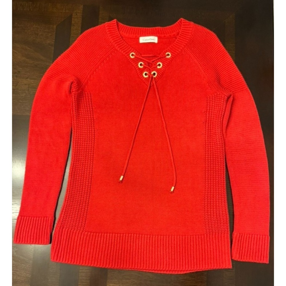 Calvin Klein Red‎ Lace-Up Knit Sweater Gold Grommets Women's Size L Acrylic